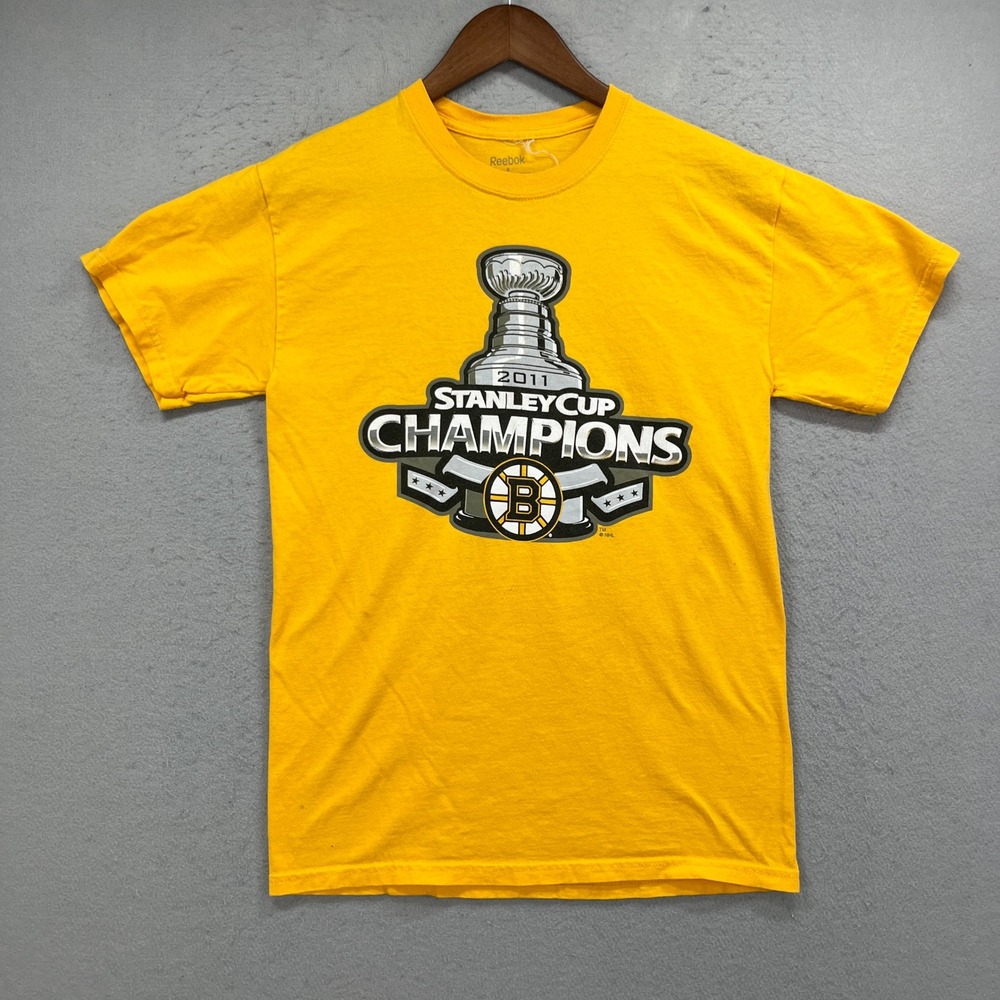Boston Bruins 2011 Stanley Cup Champions T Shirt Mens Small Yellow NHL Reebok